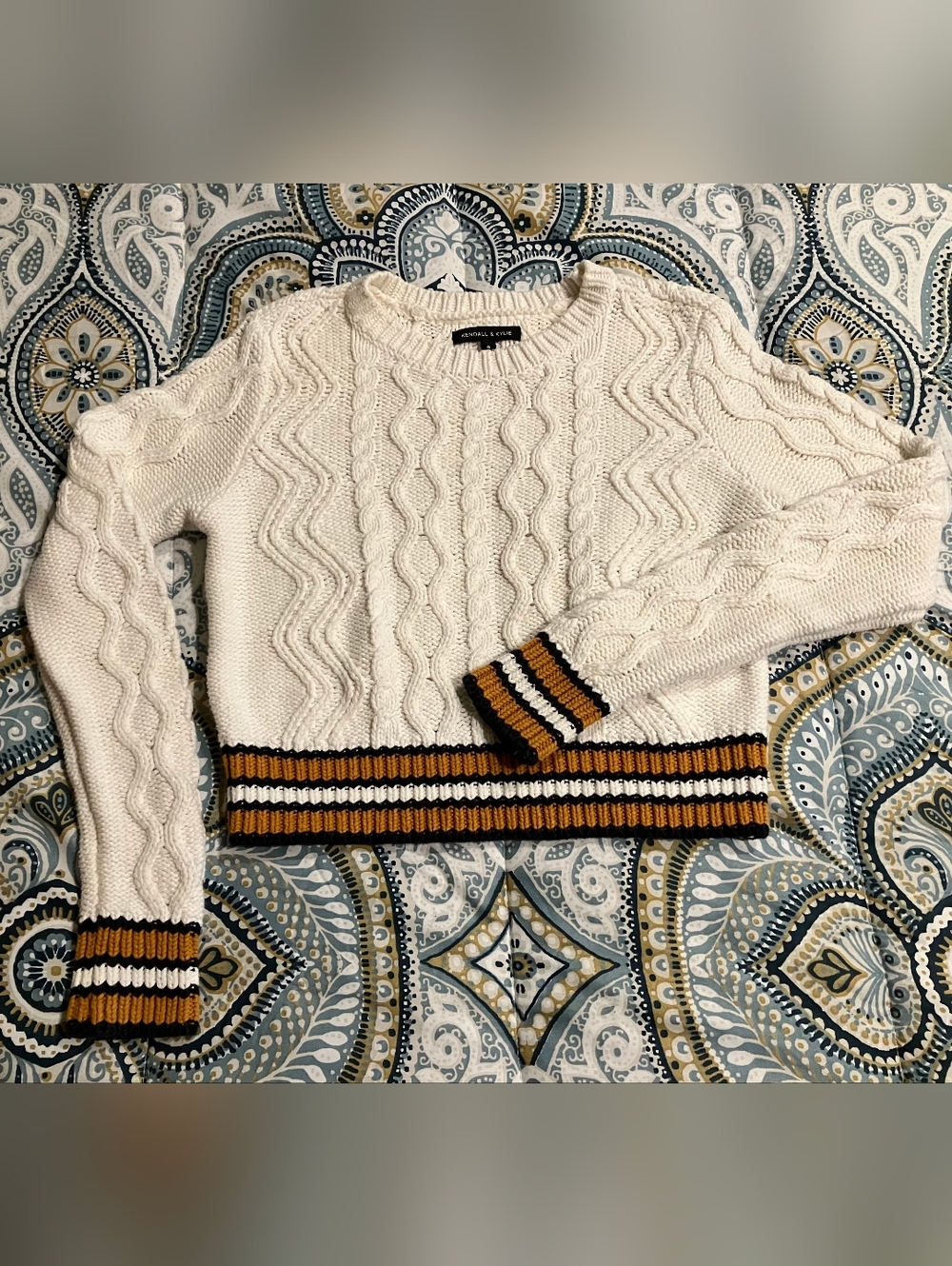 Kendall & Kylie Cream Cable Knit Crop Sweater with Black and Mustard Stripes